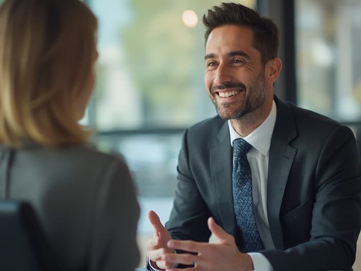 Professional confidently discussing salary with superior, office setting