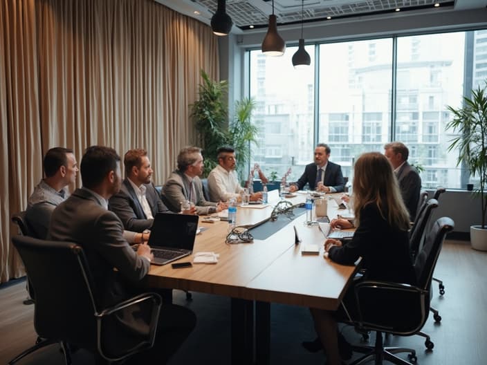 Professional leading a team meeting, modern boardroom setting