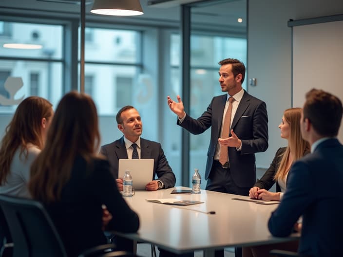 Professional leading a team meeting, modern office setting