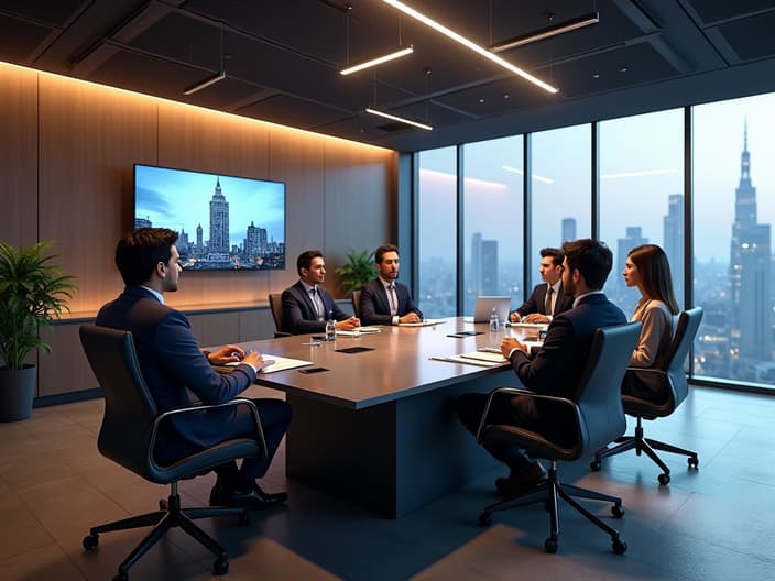 Professional leading virtual meeting, modern office setting