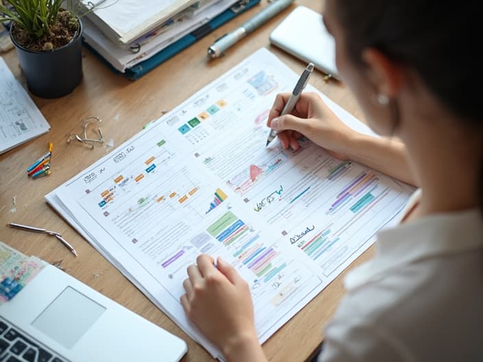 Professional mapping out 5-year career plan, organized desk with planning materials