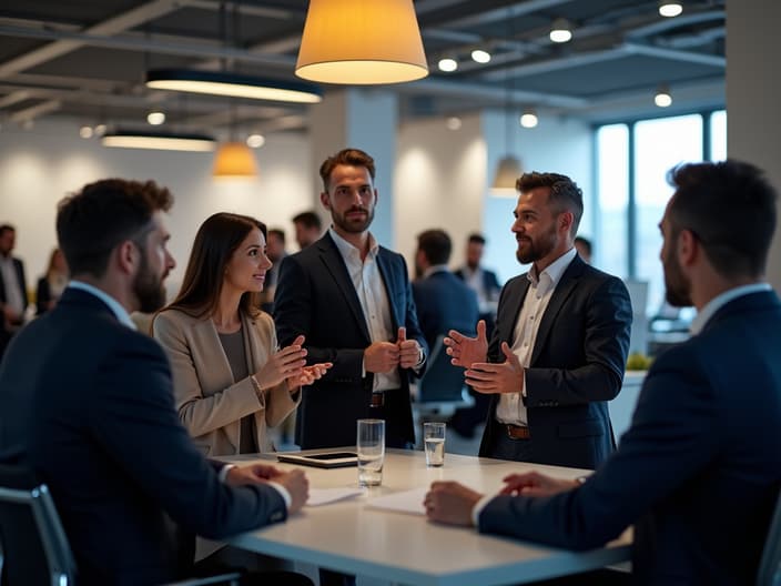 Professional networking with colleagues at work event, modern office setting