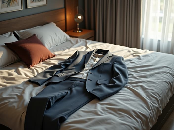 Professional outfit options for bank interview laid out on bed, stylish bedroom