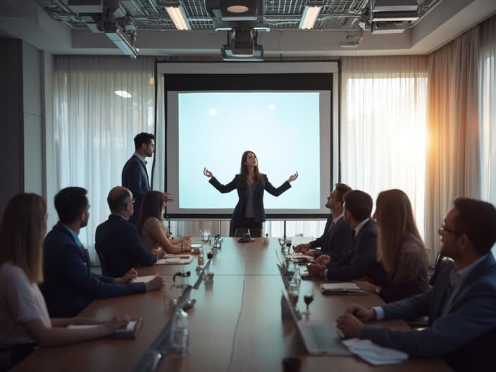 Professional practicing presentation skills, modern conference room setting