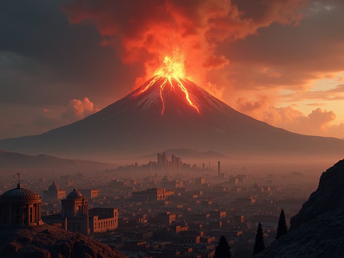 Professional studio photograph of Mount Vesuvius erupting, Pompeii in the background, destroyed cityscape