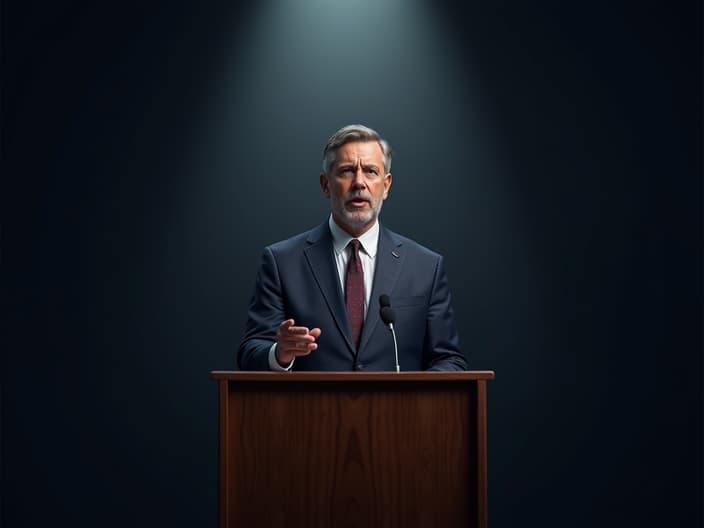 Professional studio portrait of a confident speaker at a podium, spotlight effect