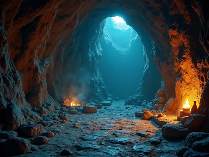 Professional studio recreation of a cave with a powerful genie, mystical setting, wishes and grants