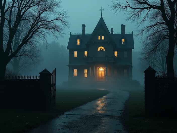 Professional studio recreation of a haunted mansion, ghostly apparitions and eerie atmosphere