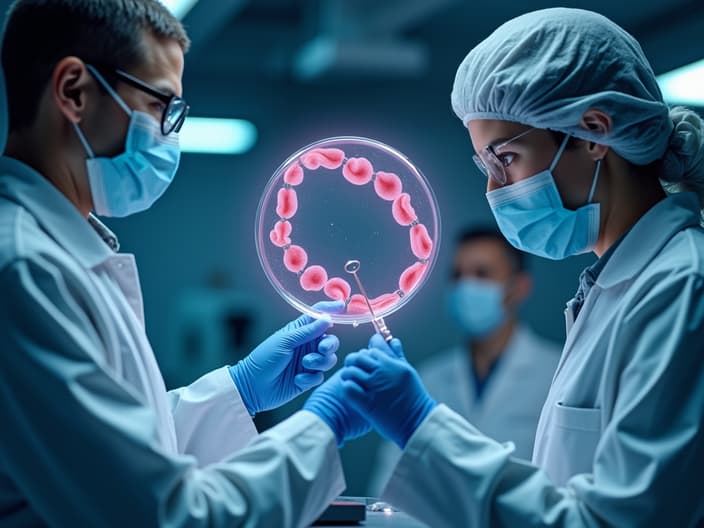 Professional studio recreation of gene editing for disease elimination, scientists working on human embryos, futuristic setting