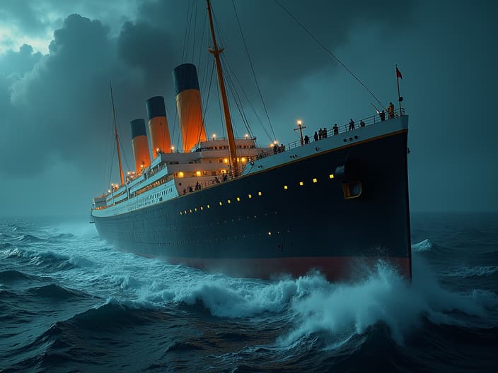 Professional studio recreation of the sinking of the Titanic, passengers and crew in peril, ocean backdrop