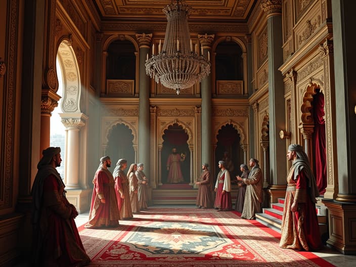 Professional studio set of Suleiman the Magnificent's palace in Istanbul, opulent decorations, harem and courtiers