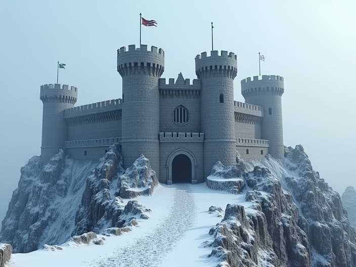 Professional studio set of Winterfell castle from Game of Thrones, stark banners, snow-covered landscape