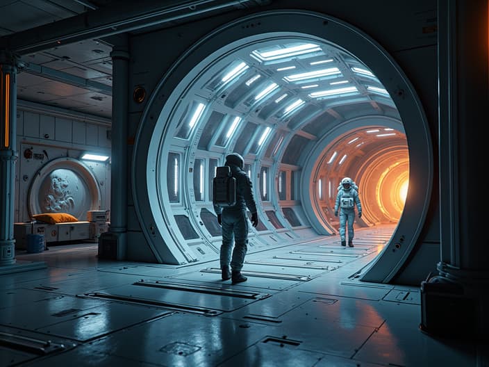 Professional studio set of an interstellar spacecraft, astronauts exploring new worlds, futuristic technology