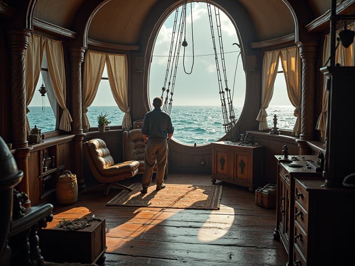 Professional studio set of the Pequod from Moby-Dick, sailors and ship's interior, ocean backdrop