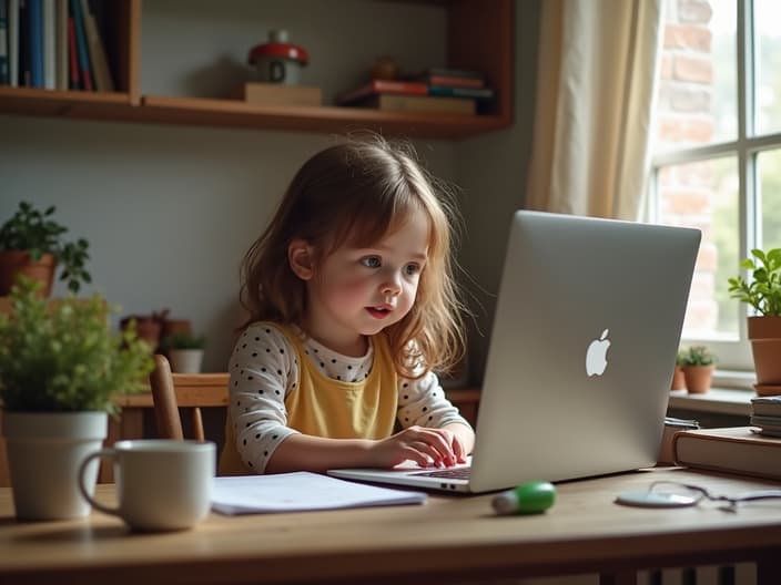 Professional working from home with children in background, home office setting