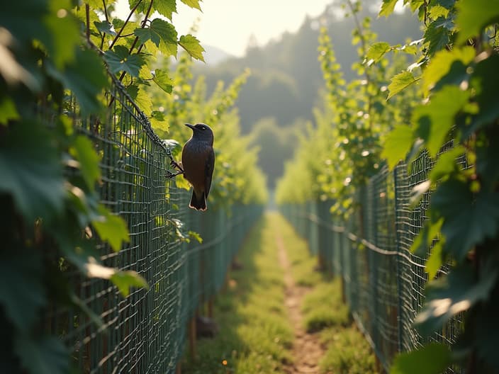 Protective netting over currant bushes, bird protection in garden, outdoor scene with studio lighting