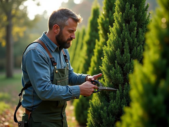 Pruning thuja trees, gardener with pruning shears, outdoor setting with studio lighting