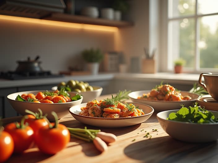 Quick and easy meal preparation in a home kitchen, bright lighting