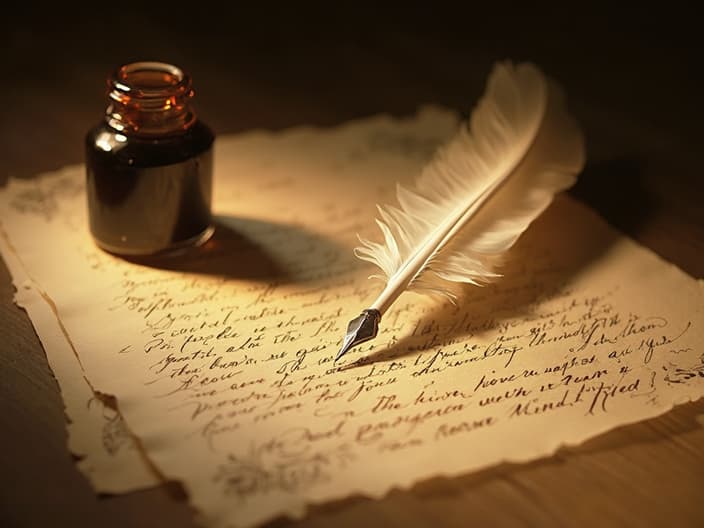 Quill pen and ink on parchment paper, romantic lighting