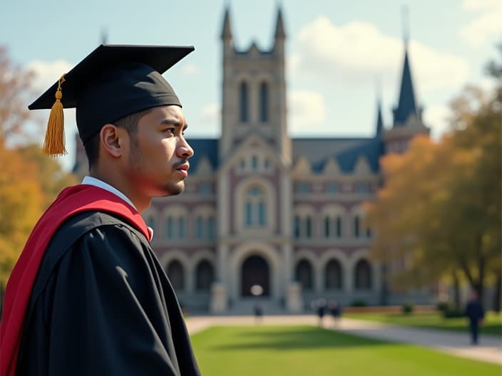 Recent graduate contemplating career goals, university campus in background