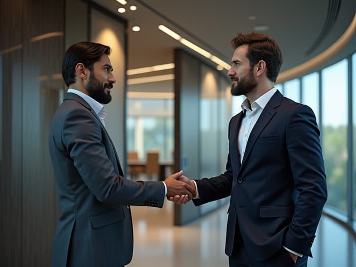 Recruiter presenting job offer to candidate, sleek conference room, professional headshot