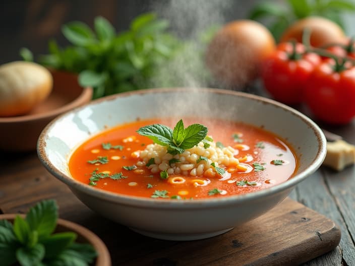 Refreshing cold soup being prepared, summer ingredients