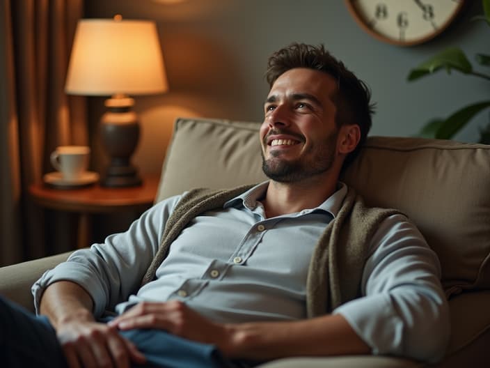 Relaxed man in a comfortable studio setting, soft lighting and calming props