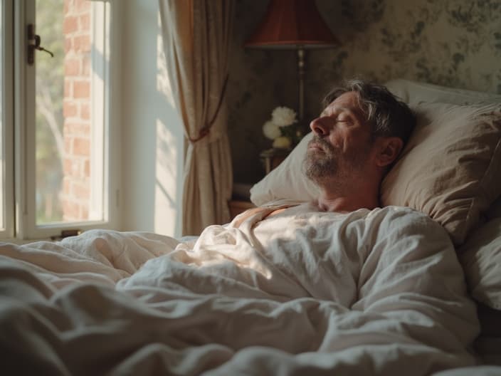 Relaxed man in comfortable sleepwear in a cozy bedroom studio set