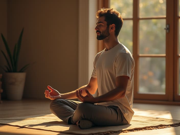 Relaxed man meditating in a peaceful studio environment, zen atmosphere