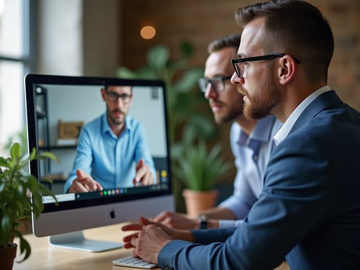 Remote team manager coordinating virtual meeting, home office background, professional portrait