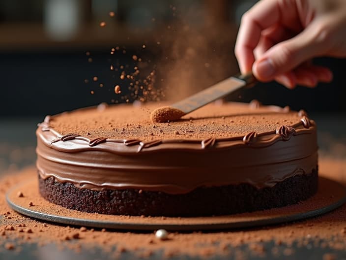 Rich chocolate cake being frosted, cocoa powder dusting