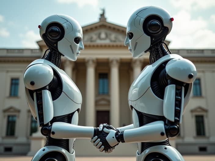 Robot and human shaking hands in front of a courthouse