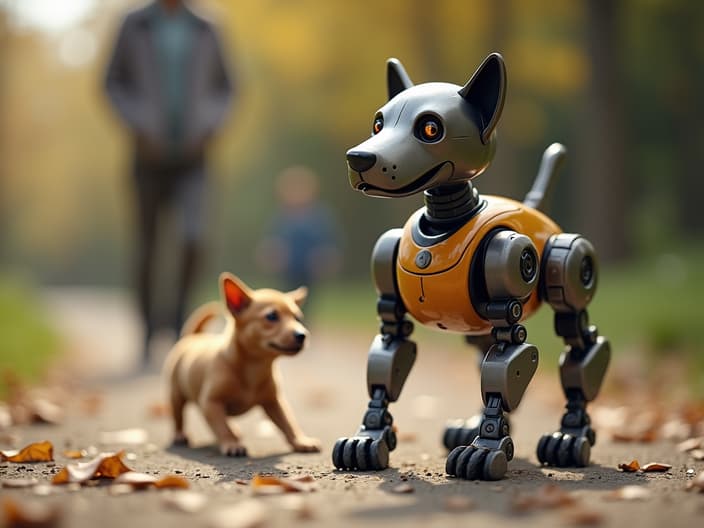 Robot dog toy, with a person and dog playing in the background