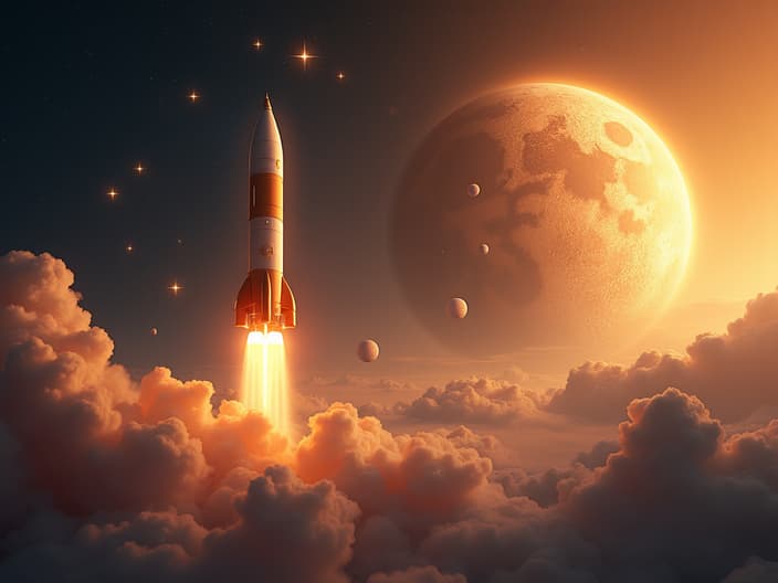 Rocket made of stars launching towards a golden planet, futuristic studio backdrop