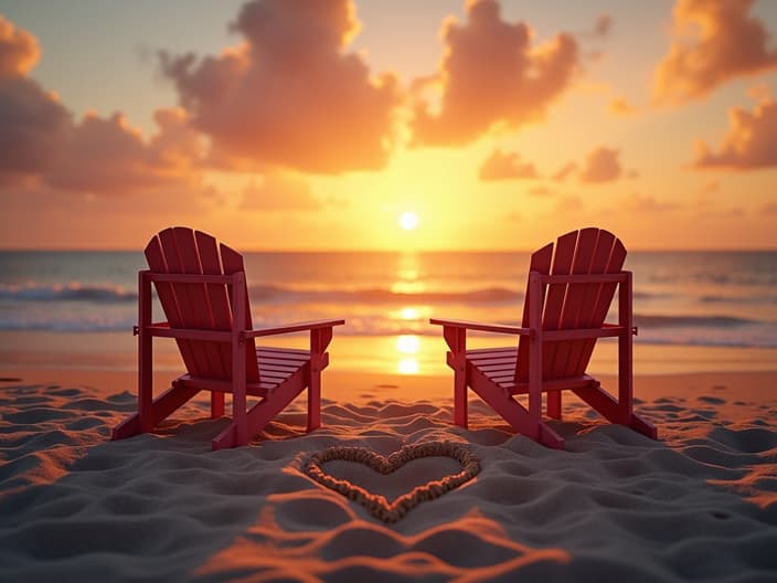 Romantic beach sunset with two beach chairs and a heart drawn in the sand