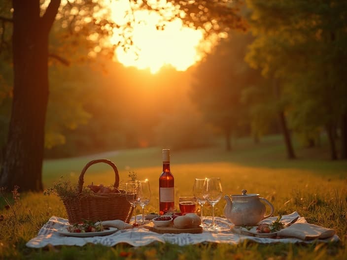 Romantic picnic setup in a beautiful park, sunset in the background