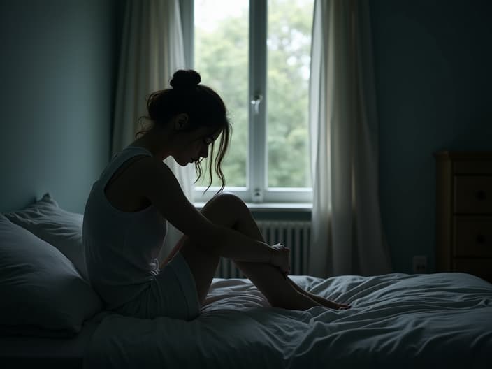 Sad woman sitting alone on a bed, looking out the window, soft lighting