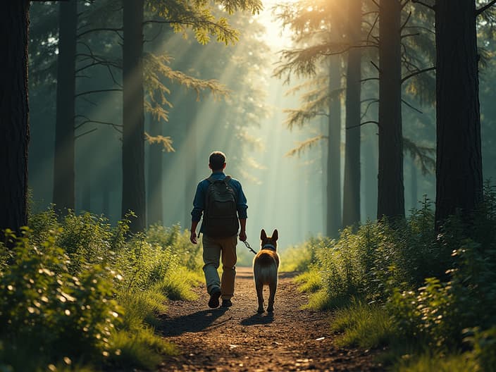 Scenic forest trail with a person and dog walking together