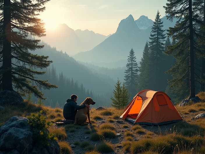 Scenic view of a person and dog camping in the wilderness