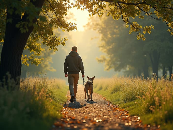 Scenic view of a person walking a dog in a beautiful park or nature trail