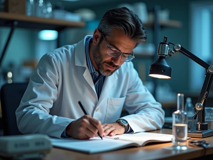 Scientist at a workbench planning an experiment with notebook and equipment