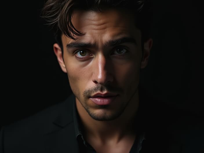 Seductive studio portrait of a handsome man with intense gaze, dramatic lighting