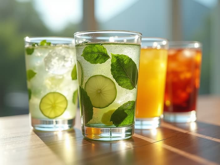 Selection of healthy beverages including water, green tea, and infused water in clear glasses