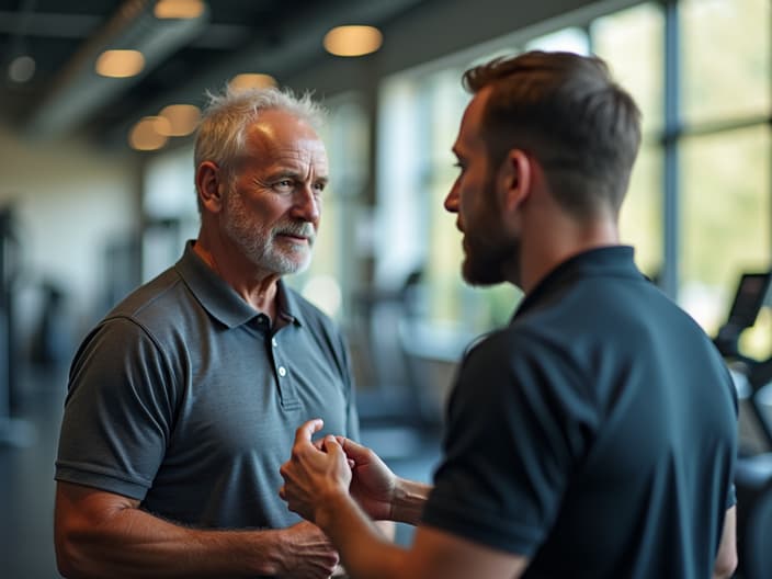 Senior person starting exercise program, trainer explaining benefits