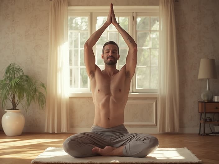 Serene man demonstrating yoga pose in a zen-like studio environment