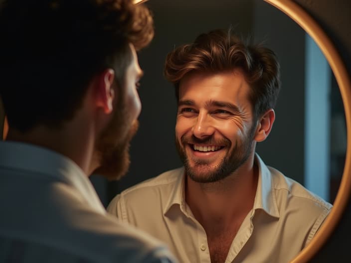 Serene portrait of a man smiling at himself in a mirror, studio lighting