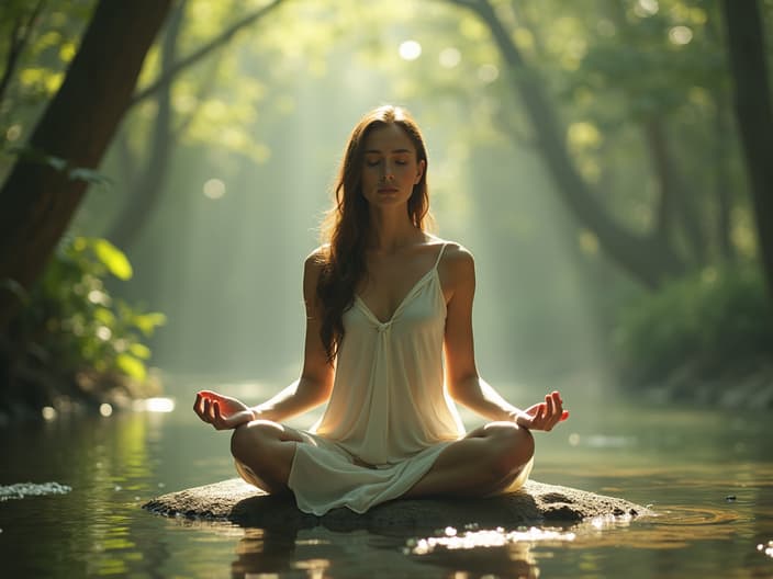 Serene studio portrait of a person in a peaceful environment, symbolizing inner peace