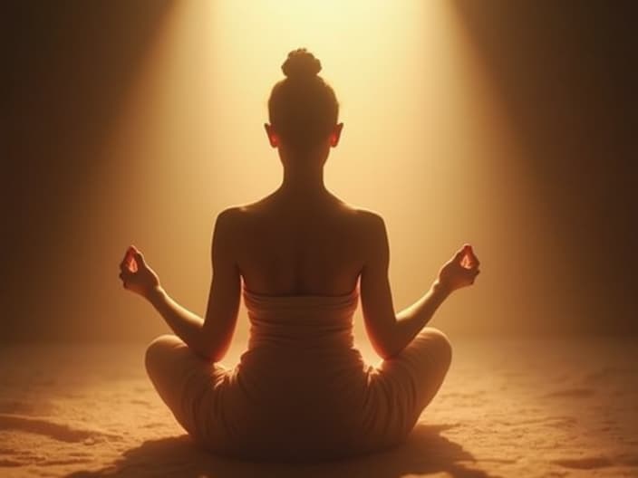 Serene studio portrait of a person meditating, soft warm light surrounding them