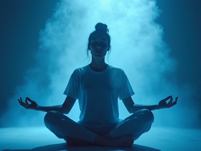 Serene studio portrait of a person practicing mindfulness, surrounded by calming blue tones