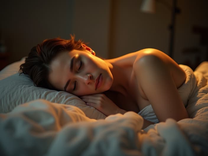 Serene studio shot of a person peacefully sleeping, soft warm lighting